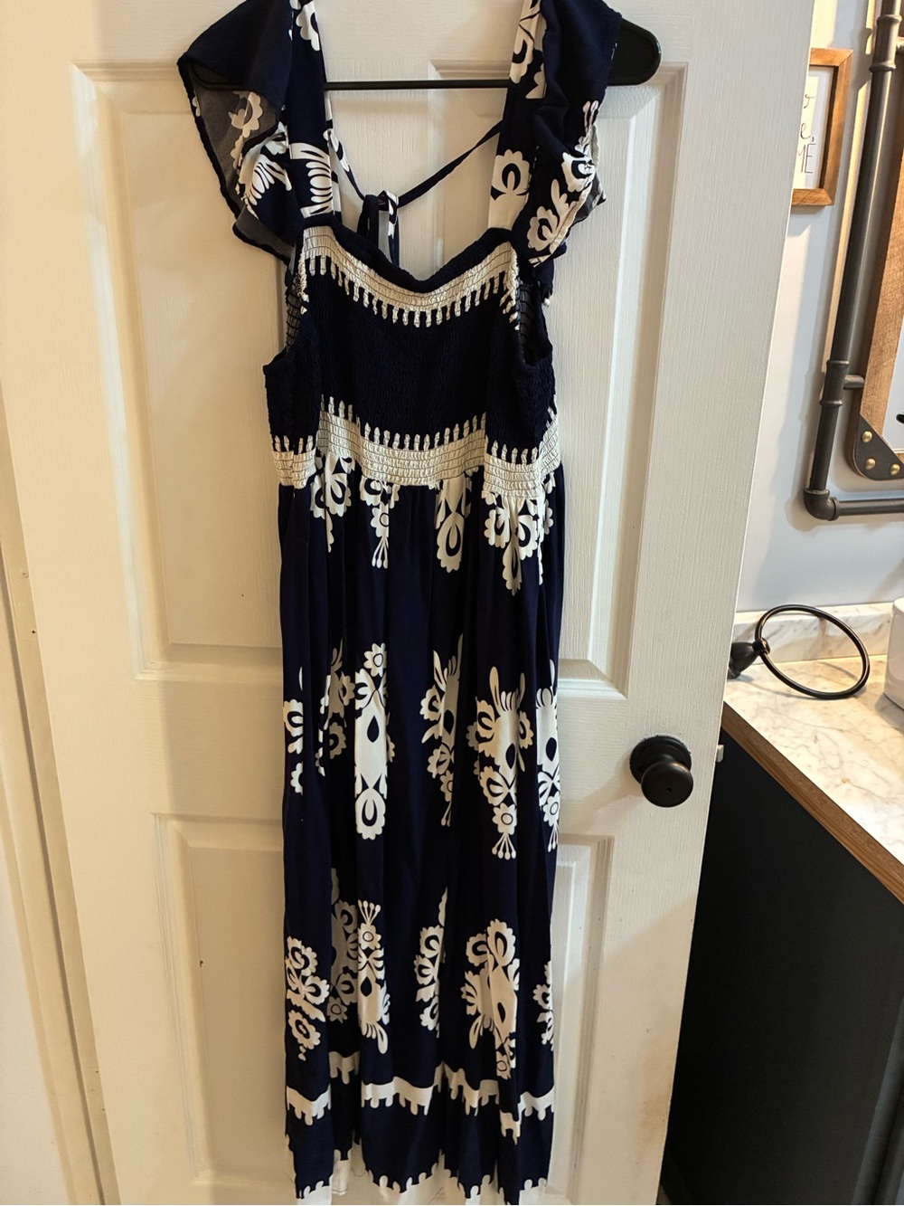 SHEIN Curve Navy White Boho Maxi Dress 3XL Fits Like 1X Smocked